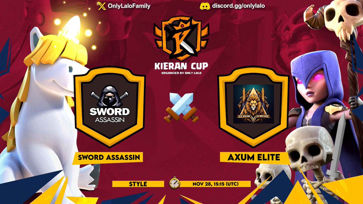 J U E V E S ! 🥳

Volvemos con las guerras de Ayuntamiento 17! Buscando el Meta! 👀

🏆 Kieran Cup - W5

✅ Sword Assassin 🆚 Axum Elite

🎈  Después Sui Lalo en Liga Leyenda

16:00🇪🇸 12:00🇦🇷 09:00🇲🇽

🖥️ twitch.tv/style_coc