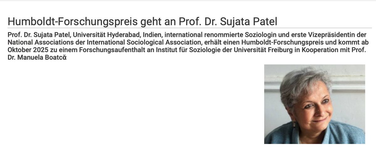Manuela Boatcă (@manuelaboatca) on Twitter photo It's official! Prof. Dr. Sujata Patel, prominent global social theorist & long-standing <a href="/RC56HistSoc/">RC56 Historical Sociology</a> <a href="/isa_sociology/">ISA</a> board member received the <a href="/AvHStiftung/">Humboldt-Stiftung</a> research award and will come to the Institute of Sociology <a href="/UniFreiburg/">Universität Freiburg</a> in 2025 for an extended research stay with us! It's official! Prof. Dr. Sujata Patel, prominent global social theorist & long-standing <a href="/RC56HistSoc/">RC56 Historical Sociology</a> <a href="/isa_sociology/">ISA</a> board member received the <a href="/AvHStiftung/">Humboldt-Stiftung</a> research award and will come to the Institute of Sociology <a href="/UniFreiburg/">Universität Freiburg</a> in 2025 for an extended research stay with us!