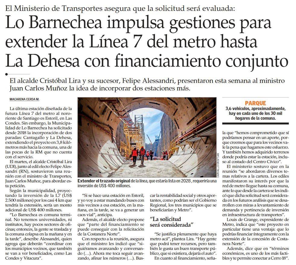 Junto a <a href="/AlessandriFelip/">Felipe Alessandri</a> presentamos al ministro de Transportes, <a href="/JuanCaMunozA/">Juan Carlos Muñoz Abogabir</a>, la propuesta de extender la Línea 7 hasta Cantagallo y La Dehesa. Este proyecto mejorará la conexión, reducirá autos y dará más calidad de vida a los vecinos. ¡Seguimos trabajando por nuestra comuna!