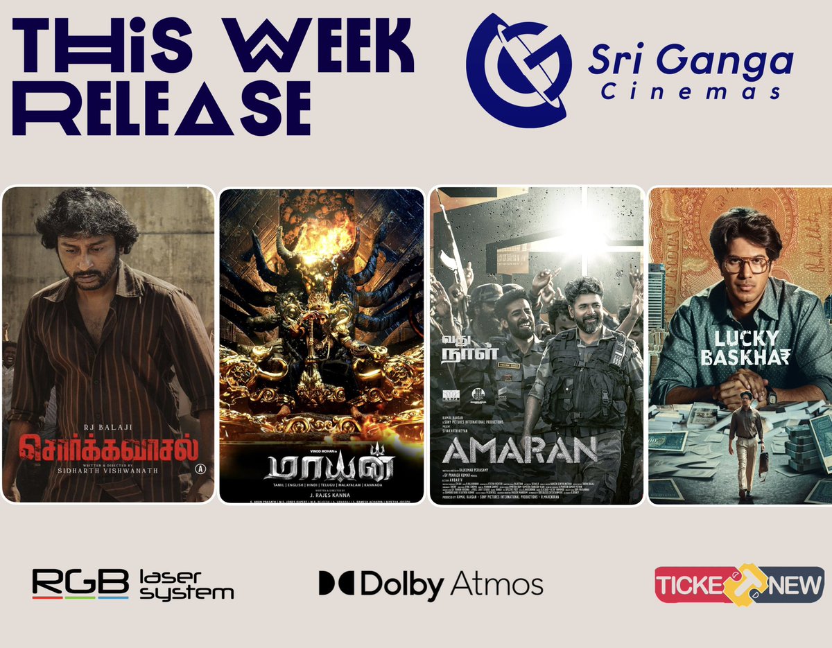Srigangacinemas's tweet photo. #SorgavaasalFromNov29 #maayan #Amaran5thweek #LuckyBaskhar5thweek
This week movies @Srigangacinemas @TicketNew https://t.co/So6lpu4r9Y