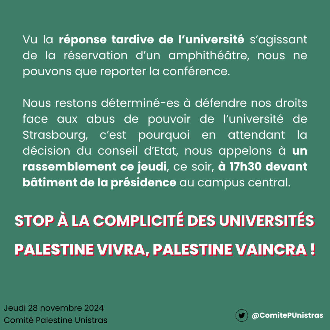 ComitePUnistras's tweet photo. 🔥 Montrons à l'université que nous continuerons à lutter pour la Palestine même face à leur répression 🔥

🇵🇸 RDV ce soir avec des drapeaux et keffieh 🇱🇧 https://t.co/ngMjdAGdHc
