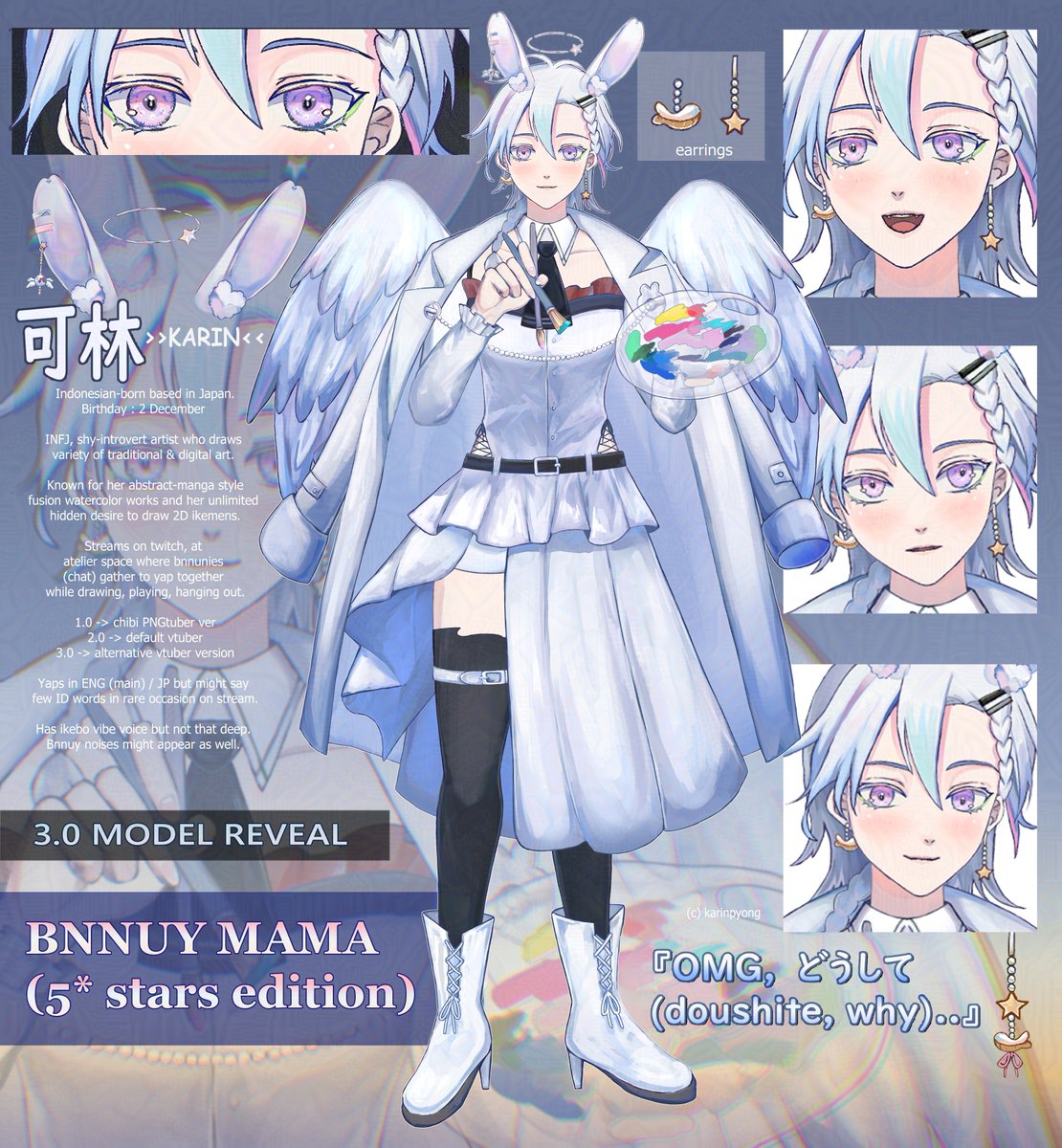 Karinpyong's tweet photo. ☁️3.0 model preview - 5* version☁️

アトリエスペースに住むの天使うさぎ画家です～
I'm a bnnuy angel painter residing in atelier space 🐇🪽

art + design + rig by me
--------------------------------------
>>> #ENvtuber #VTuberUprising #krinpalette  <<< https://t.co/t1bXDjKJq6
