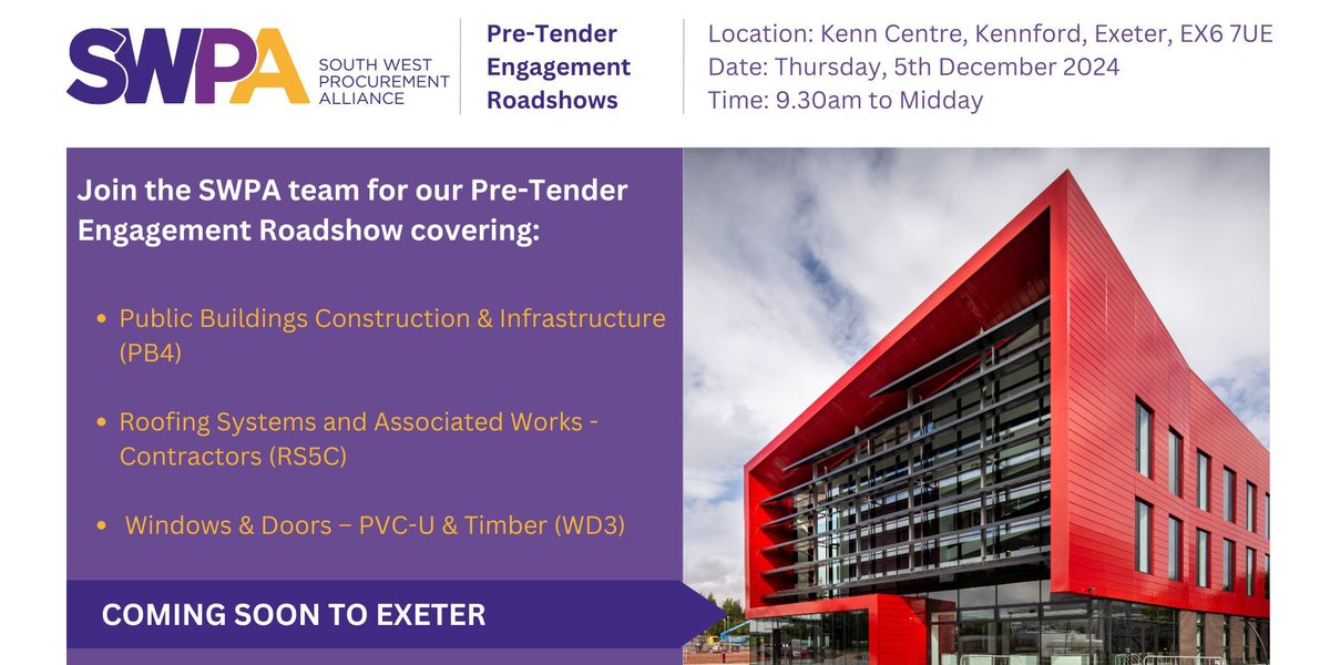 Last chance to join us for our Pre-Tender Engagement Roadshow covering briefings, discussions, and an open forum for feedback on our new, and upcoming frameworks.

Sign up here for Exeter: buff.ly/48U2vMf 

Sign up here for Bristol:  buff.ly/4eB49DM