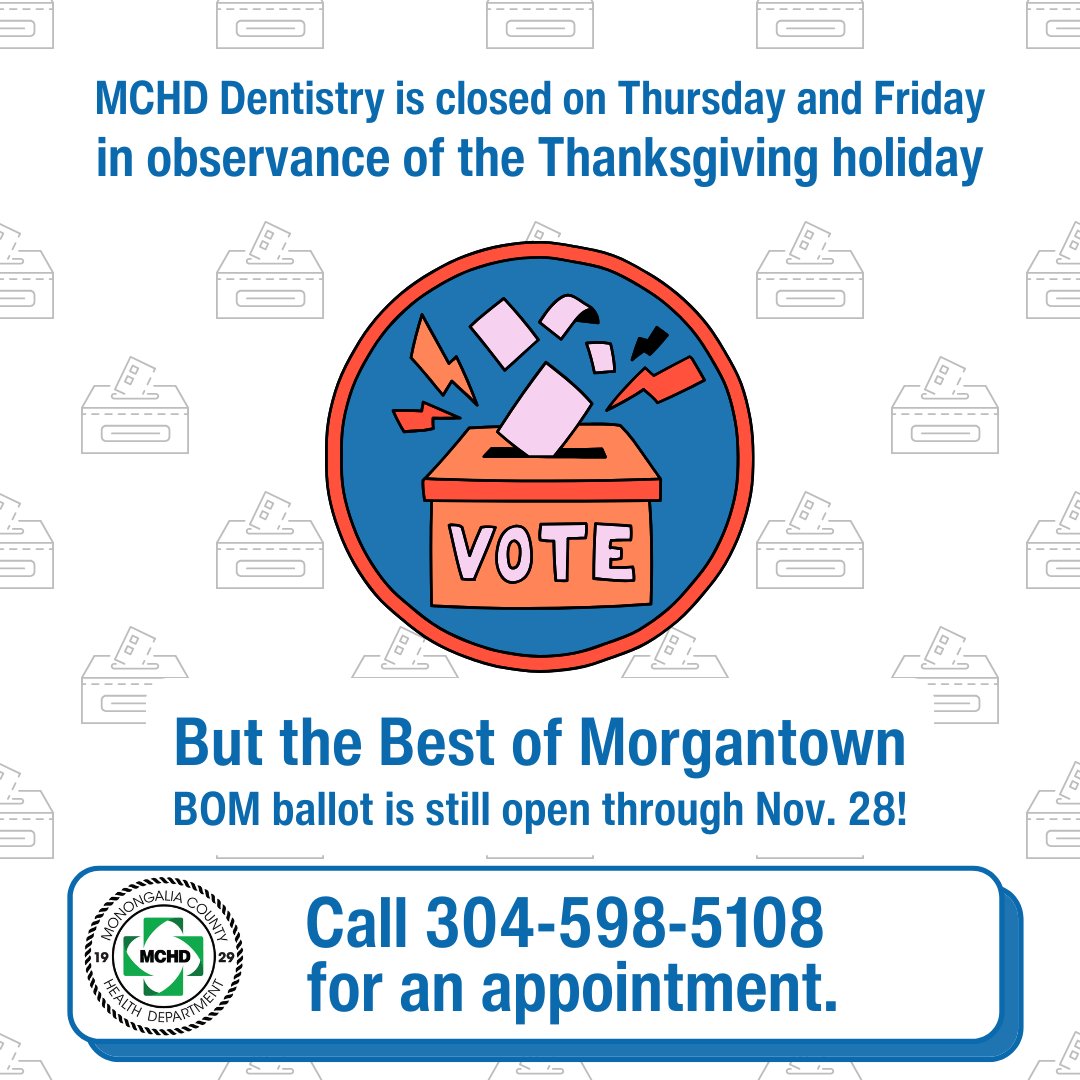 WVMCHD's tweet image. Today's the day! No, not Thanksgiving, although MCHD Dentistry will be closed Thursday -Friday. It's also the last day to vote for us as Best Dental Office in Morgantown Magazine's BOM contest! 
tinyurl.com/2t663au6
#wvmchd #BestDentalOffice #MorgantownMag #BOM25
🦷🥇🏆