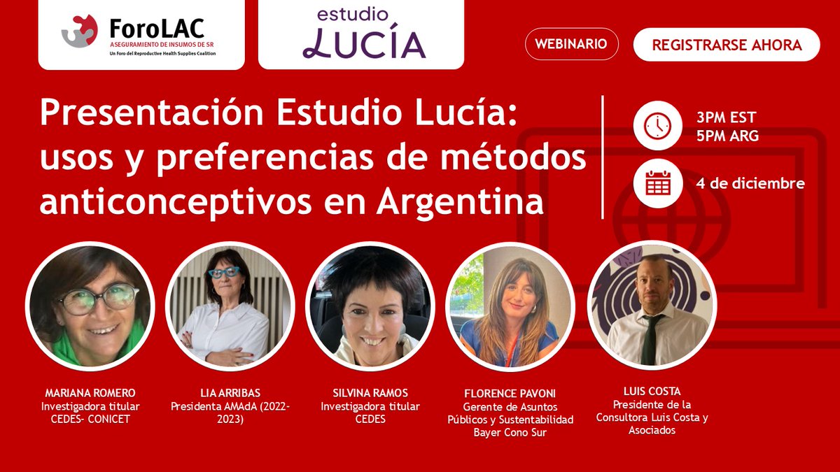 🚨WEBINAR🚨

Conoce quiénes nos acompañarán en este espacio para conocer los resultados del Estudio Lucía en Argentina. 

Regístrense para unirse al diálogo: 
📆4 de diciembre de 2024
⏰5 pm ARG/3 pm Panamá, Perú 
📎bit.ly/3OofIDK

#anticonceptivos
#argentina