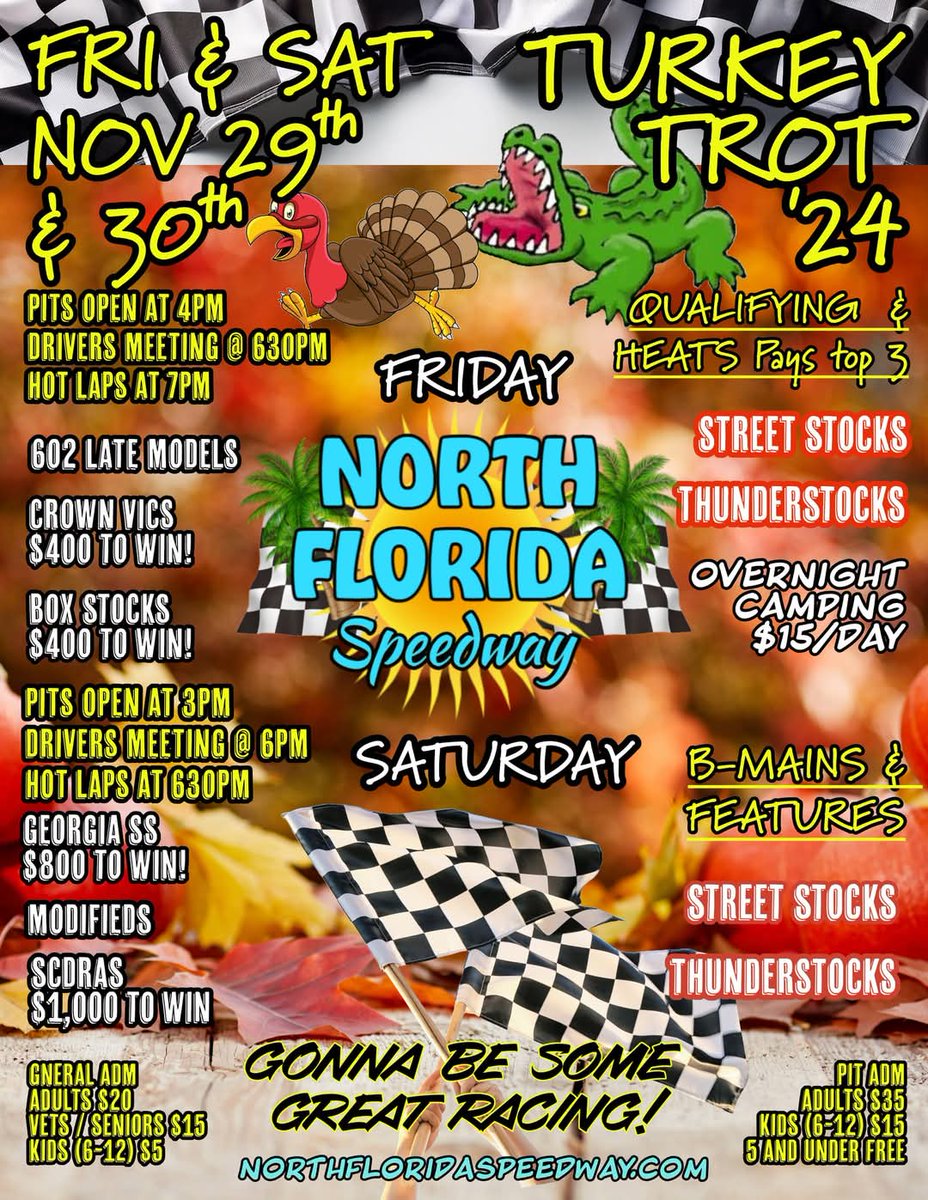 Turkey Trot '24
North Florida Speedway
Lake City, FL
Sat, Nov 30, 2024
UMP/<a href="/DIRTcarRacing/">DIRTcar Racing</a> Modified $1,000