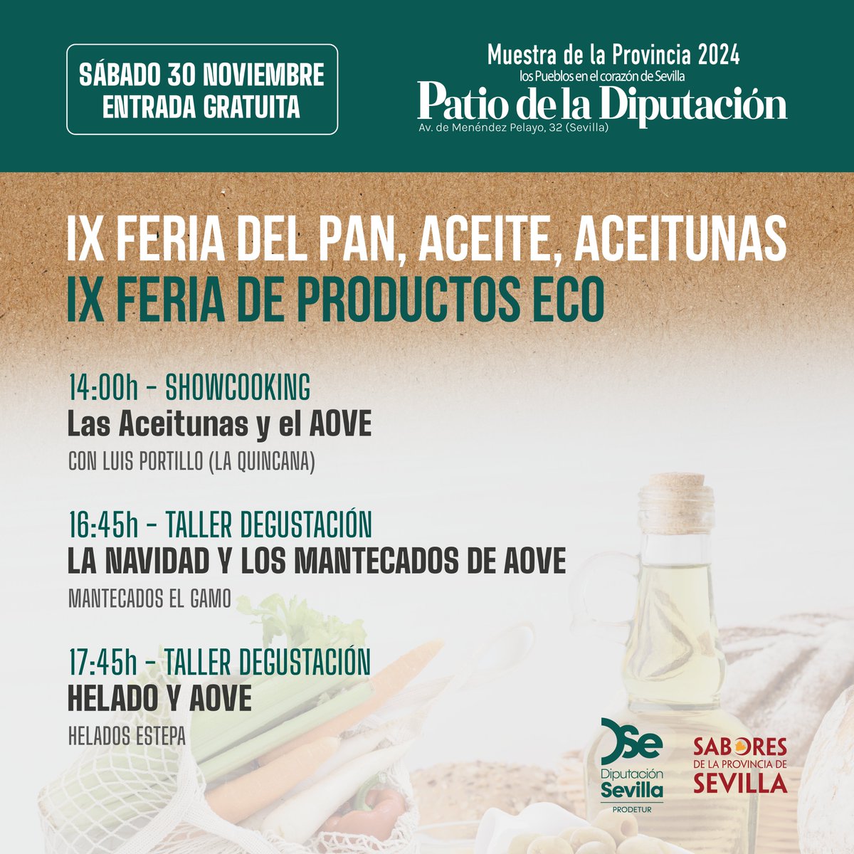 Saborea lo más tradicional y auténtico:
"IX Feria del Pan, Aceite, Aceitunas" y "IX Feria de Productos ECO" 💚

📅 Sábado 11h-20h; domingo 11h-18h (patio de la Diputación de Sevilla)
Presentaciones, degustaciones y talleres 👨‍🍳👩‍🍳

prodetur.es/prodetur/www/e…

<a href="/DIPUSEVI/">Diputación de Sevilla</a> #VenteAlPatio