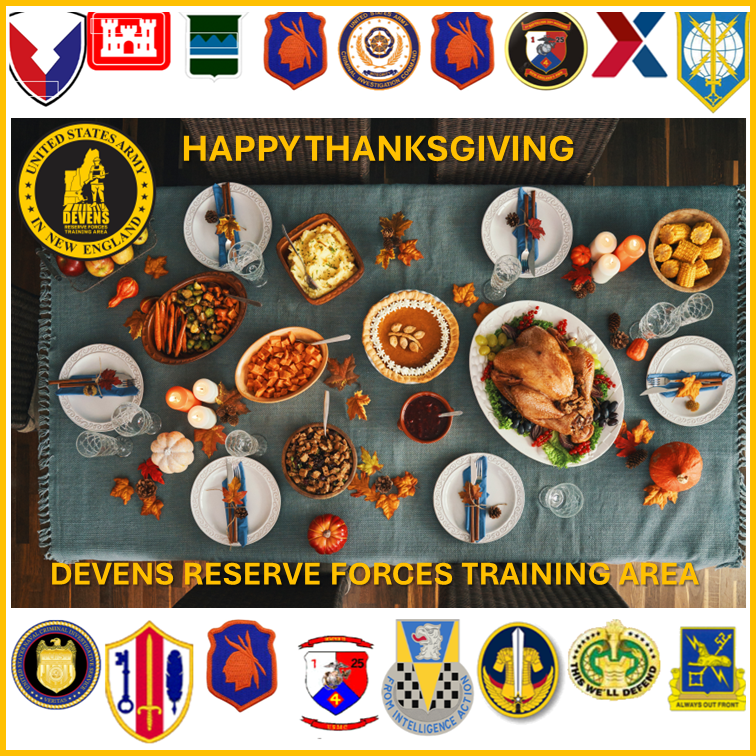 DevensFort's tweet photo. Have a safe and happy holiday. Safe travels, enjoy family, be well - Devens RFTA. #ARC #IMCOM #USArmyReserve #nationalguard #marineforcereserve #MassDevelopment #ClearPath #fortdevensmuseum #veterans #families #Thanksgiving https://t.co/hFbUasbLbO