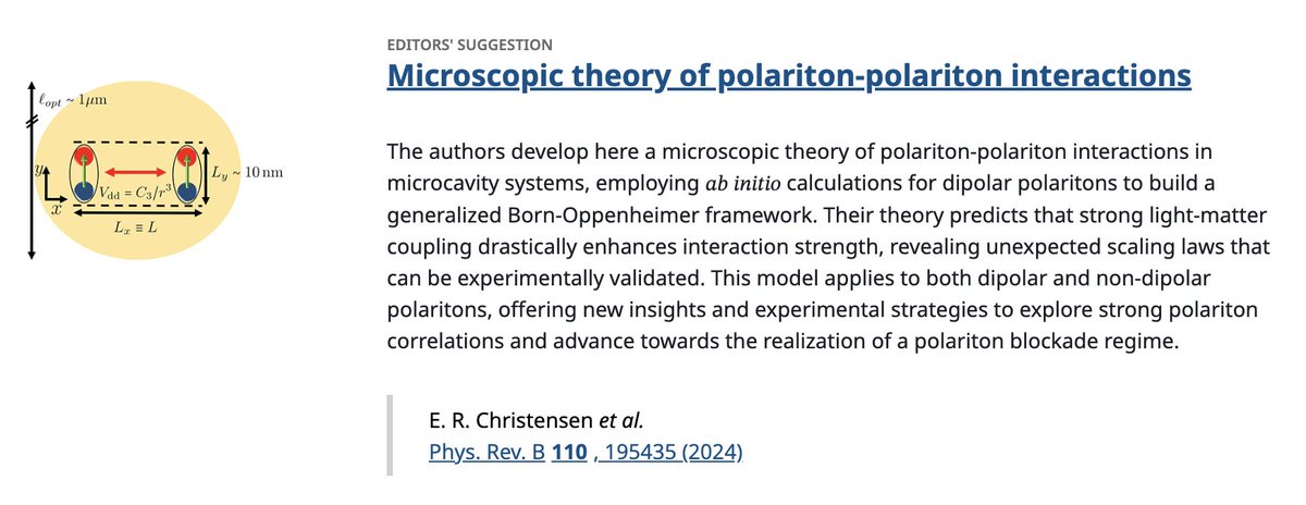 PhysRevB's tweet image. PRB Editors&apos; Suggestion: Microscopic theory of #polariton-polariton interactions

E. R. Christensen, A. Camacho-Guardian, O. Cotlet, A. Imamoglu, M. Wouters, G. M. Bruun, and I. Carusotto
Phys. Rev. B 110, 195435

➡️ go.aps.org/4i1tmtY
#EdSugg @APSPhysics #condmat #physics