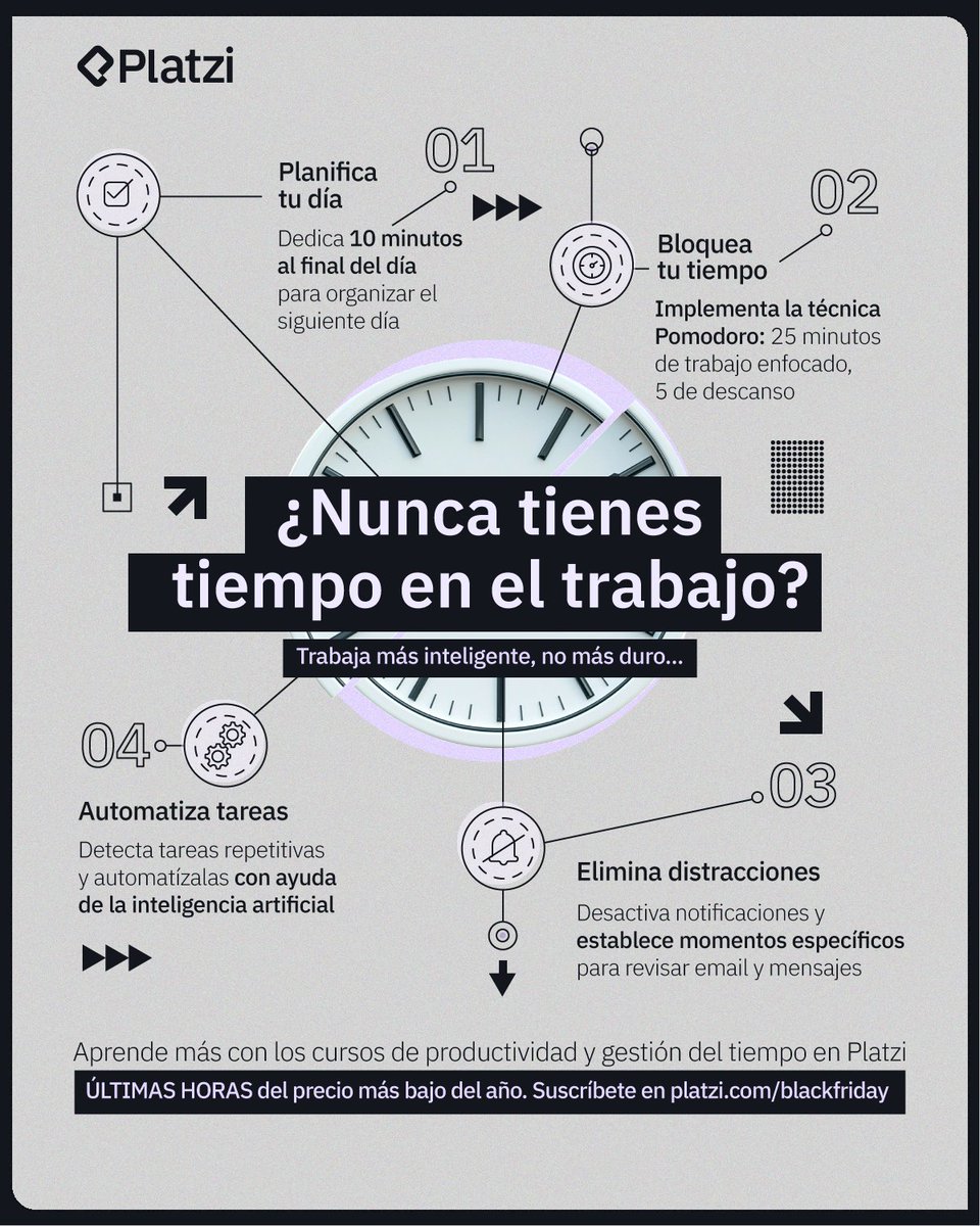 platzi's tweet image. En Platzi podrás aprender habilidades blandas para ser más productivo con tu tiempo en el trabajo 🔥
ÚLTIMAS HORAS del precio especial de Platzi, suscríbete hoy para tener acceso a más de 1,700 cursos ✨