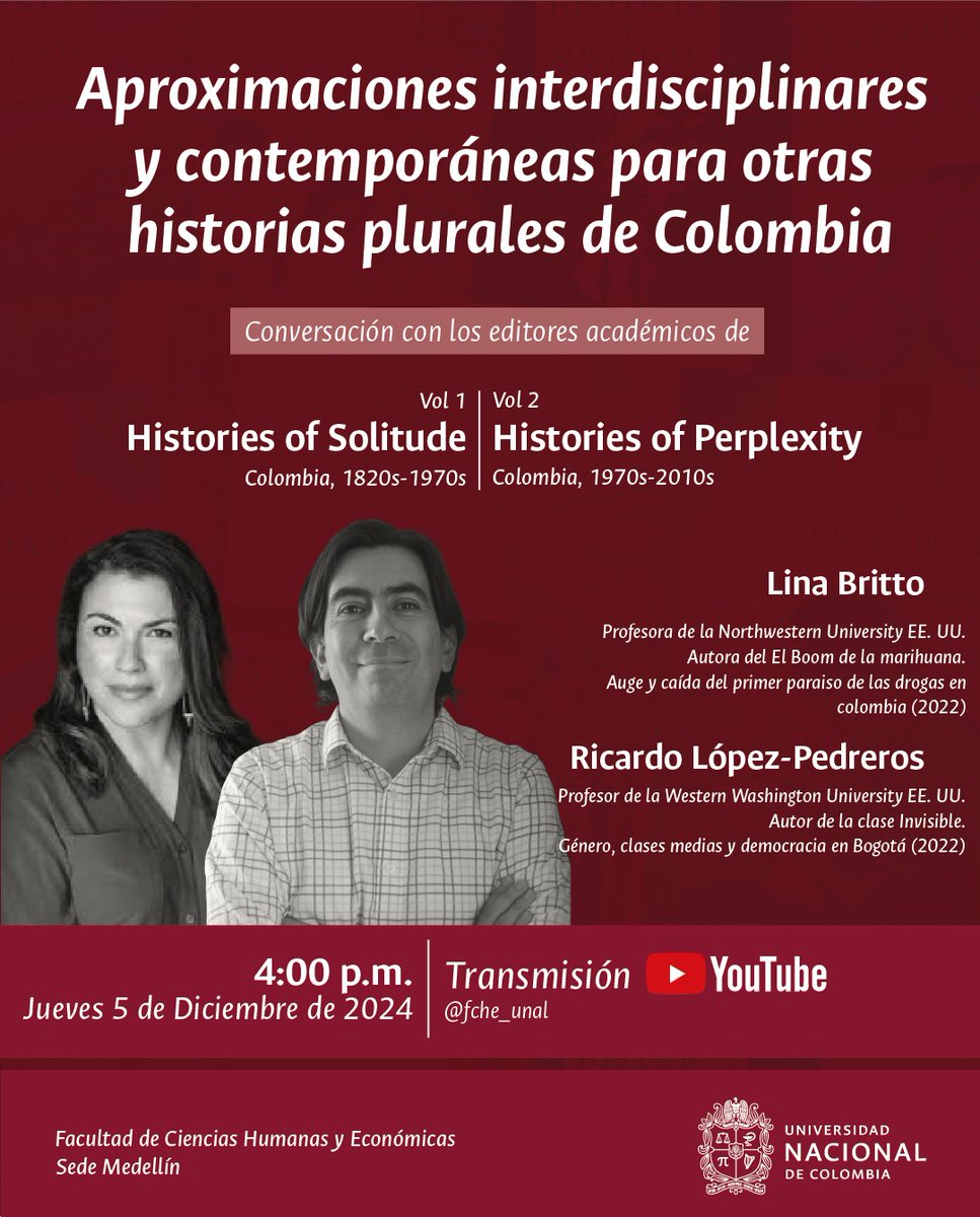 revhisys's tweet image. Acompáñanos en una conversación única:
"Aproximaciones interdisciplinarias y contemporáneas para otras historias plurales de Colombia"
📚 Una charla con estos 2 grandes académicos :
👩🏫 Lina Britto @BrittoHistory
👨🏫Ricardo López-Pedreros @arlopezpedreros