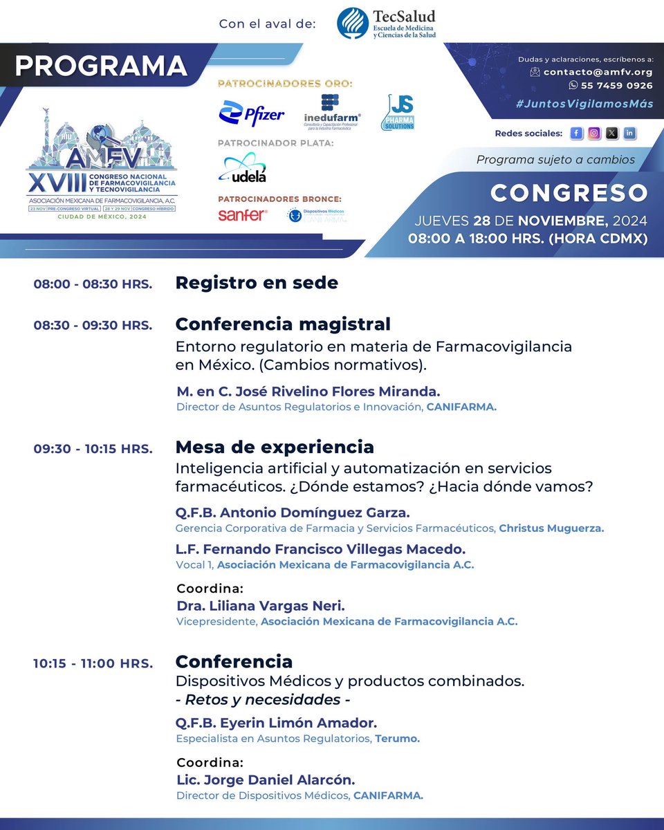 AMFV_Ofic's tweet photo. ¡Apreciable Congresista!
Estamos felices de recibirte en nuestro #CongresoAMFV.
 Te compartimos el programa de actividades del día de hoy. 
Gracias a nuestros Patrocinadores 
🏅ORO🏅
@pfizer 
@inedufarm 
@JSPharmaInc 
🥈PLATA🥈
@Udelá Global
🥉BRONCE🥉
@canifarma 
@sanfer_mx https://t.co/VH13cvkjd9
