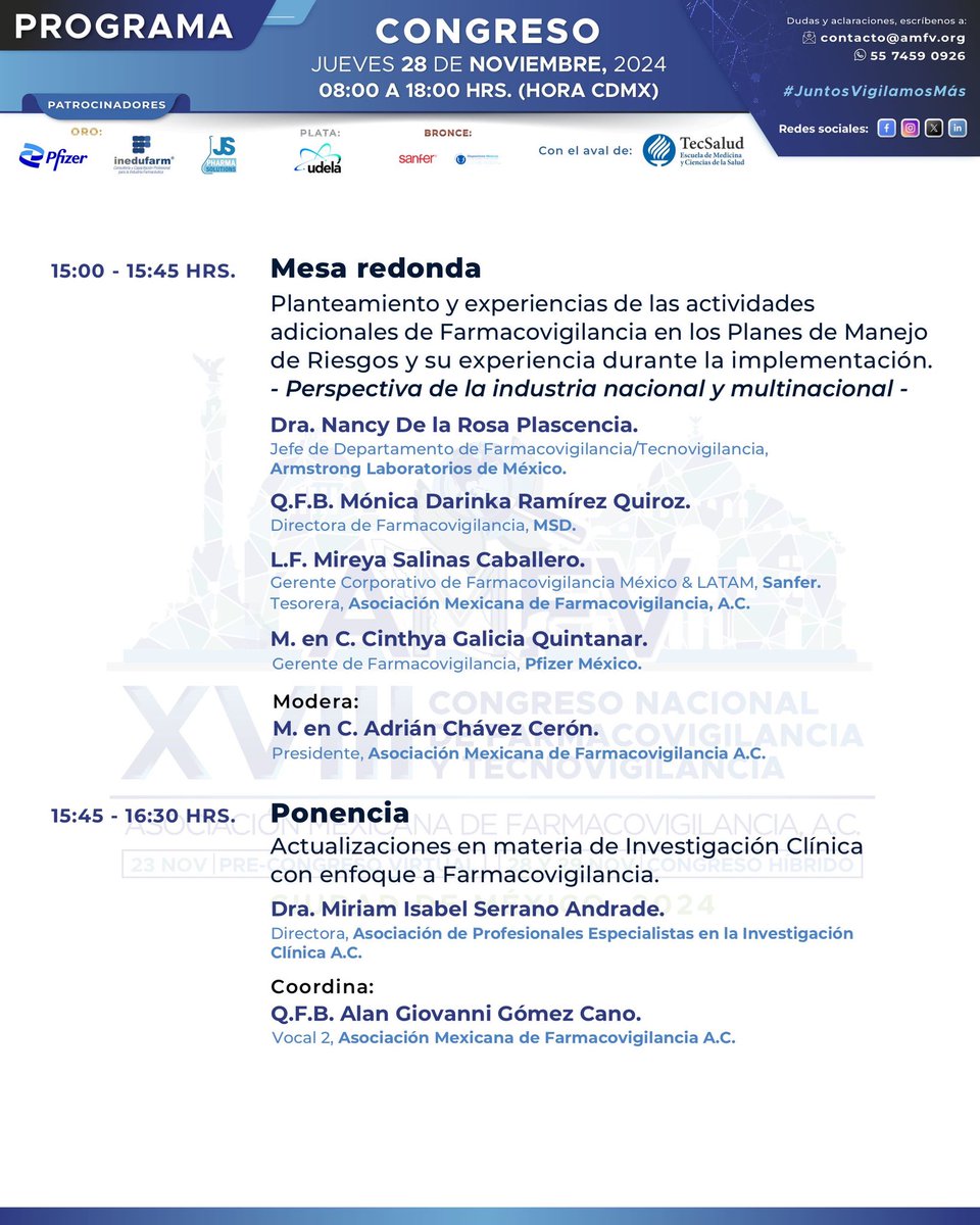 AMFV_Ofic's tweet photo. ¡Apreciable Congresista!
Estamos felices de recibirte en nuestro #CongresoAMFV.
 Te compartimos el programa de actividades del día de hoy. 
Gracias a nuestros Patrocinadores 
🏅ORO🏅
@pfizer 
@inedufarm 
@JSPharmaInc 
🥈PLATA🥈
@Udelá Global
🥉BRONCE🥉
@canifarma 
@sanfer_mx https://t.co/VH13cvkjd9