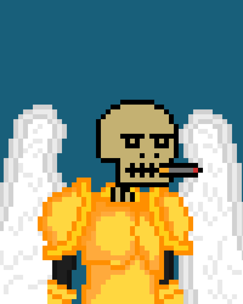 _PixelSkeletons's tweet photo. ✨Dressed in imposing golden armor that reflects heavenly light,💀this skeleton spreads his majestic angel wings.
🚬His lit cigarette adds a touch of rebellion to his divine essence.
Guardian of peace or judge of chaos?🕊️💨

#NFT #NFTGiveaway #NFTCommunity #nftcollectors  #NFTs https://t.co/qCRr79znLc