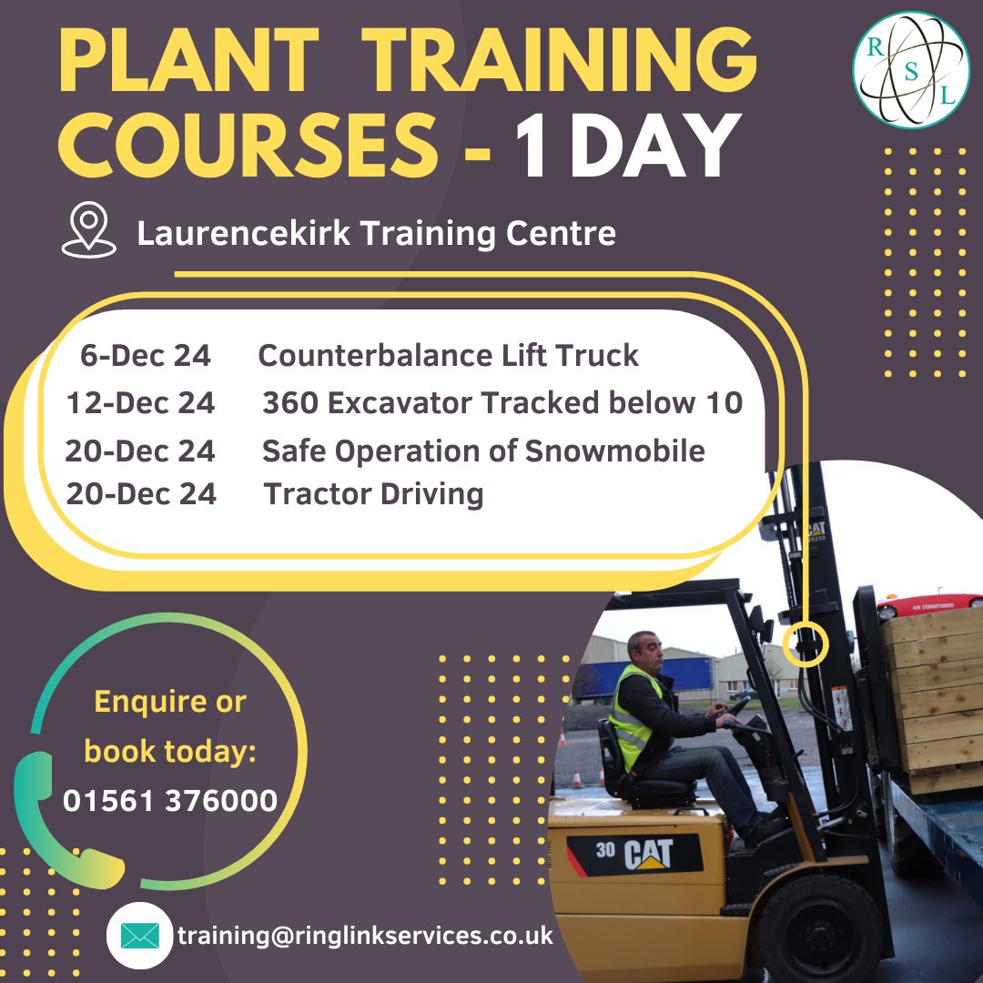 Ringlink Scotland (@ringlink) on Twitter photo Various 1-day plant training courses are running at Laurencekirk training centre in December.
To book: 01561 376000 or email: training@ringlinkservices.co.uk
#shortcoursetraining #trainingcourses #certifiedtraining Various 1-day plant training courses are running at Laurencekirk training centre in December.
To book: 01561 376000 or email: training@ringlinkservices.co.uk
#shortcoursetraining #trainingcourses #certifiedtraining
