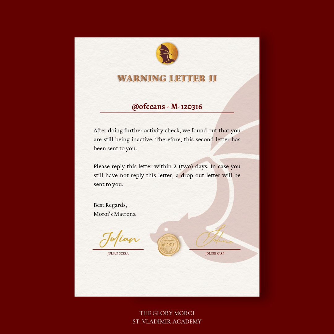 ㅤ

𝐖𝐀𝐑𝐍𝐈𝐍𝐆 𝐋𝐄𝐓𝐓𝐄𝐑 𝐈𝐈
Issued on November, 28

Dearest, <a href="/ofccans/">Wonyoung</a> - M-120316

Please respond to this letter within the next 48 hours or a drop out letter will be sent to you.

Cc: <a href="/Sir_JOzera/">Jo.</a> <a href="/Ms_JKarp/">Joline.</a> <a href="/attrazt/">Kafka.</a> <a href="/noctimoan/">Yudo</a> <a href="/VladimirDatum/">𝐃𝐚𝐭𝐮𝐦</a>

ㅤ