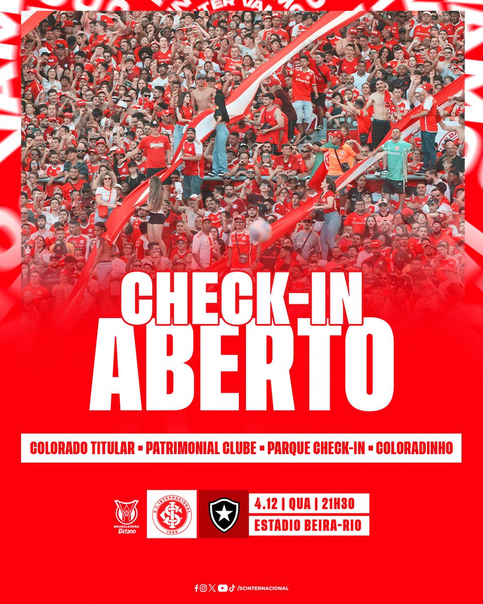 SCInternacional's tweet image. O GIGANTE VAI FERVER 🇦🇹

Na quarta-feira (04), tem jogão na nossa casa! Inter x Botafogo se enfrentam a partir das 21h30. Faça seu 𝗖𝗵𝗲𝗰𝗸-𝗶𝗻 e garanta presença no Beira-Rio! 🏟

🎟 Sócio(a), acesse o Mundo Colorado e vem torcer!

#VamosInter