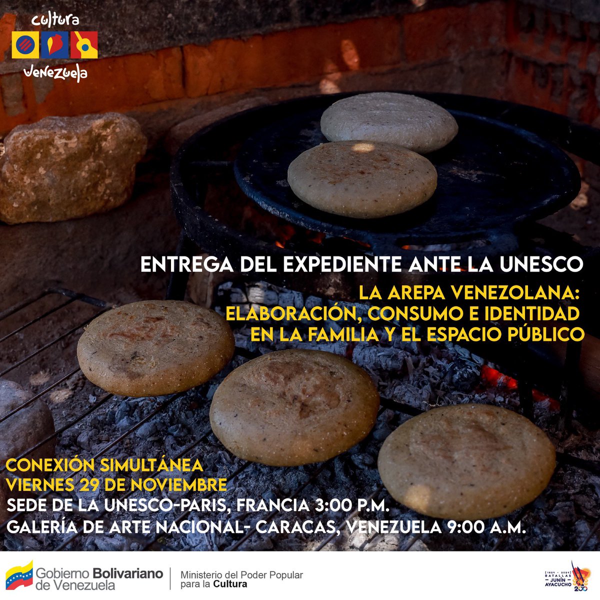 Ernesto Villegas Poljak (@villegaspoljak) on Twitter photo Acompáñanos este viernes 29 de noviembre a las 9:00 a.m. en la📍Galería de Arte Nacional.
En conexión simultánea con París ( 🇫🇷Francia), presenciaremos la entrega del expediente ante la <a href="/UNESCO/">UNESCO 🏛️ #Education #Sciences #Culture 🇺🇳</a> 📜 la arepa venezolana: elaboración, consumo e identidad en la familia y el espacio Acompáñanos este viernes 29 de noviembre a las 9:00 a.m. en la📍Galería de Arte Nacional.
En conexión simultánea con París ( 🇫🇷Francia), presenciaremos la entrega del expediente ante la <a href="/UNESCO/">UNESCO 🏛️ #Education #Sciences #Culture 🇺🇳</a> 📜 la arepa venezolana: elaboración, consumo e identidad en la familia y el espacio