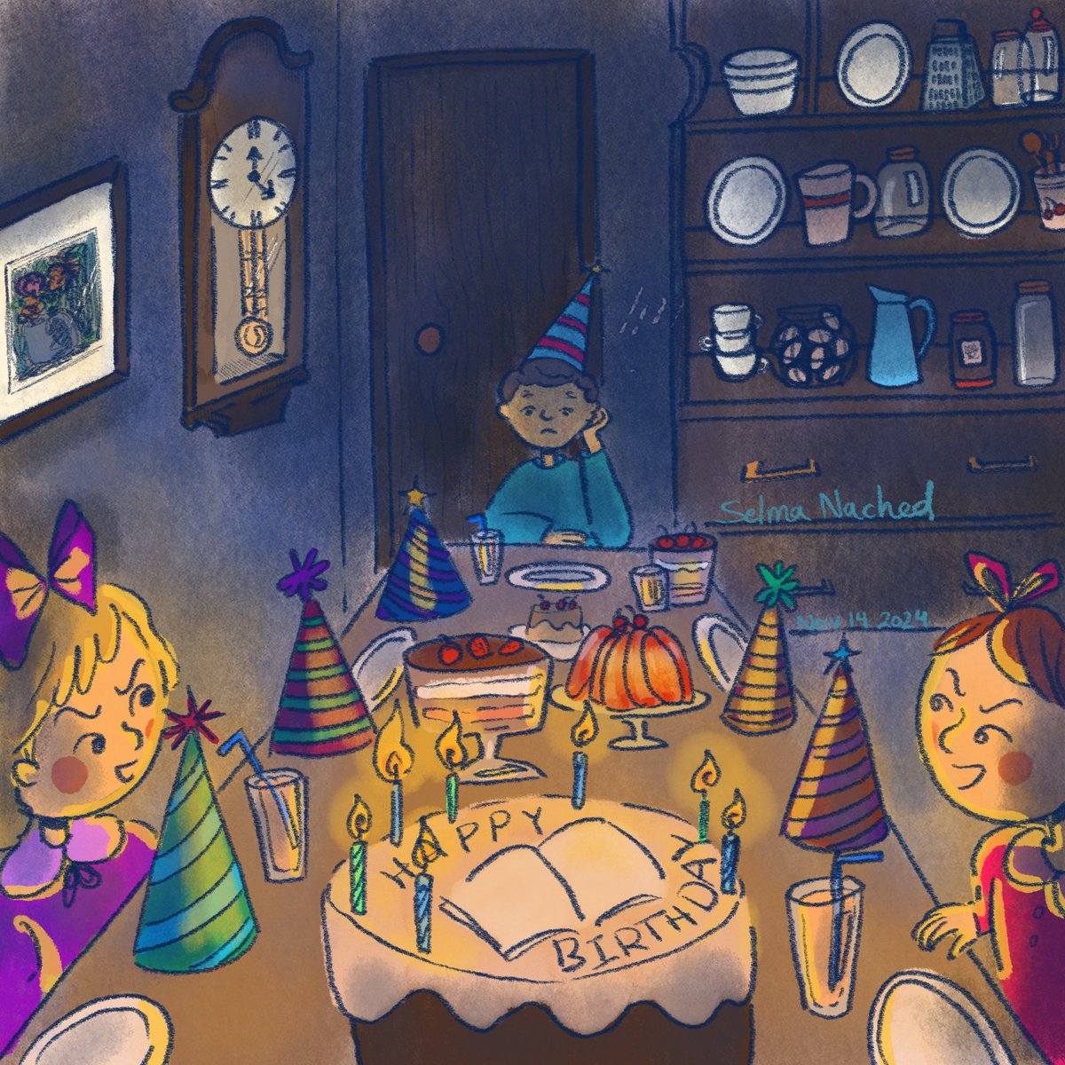 NachedSelma's tweet photo. Second illustration in the series inspired by the ocean at the end of the Lane by @neilhimself His 7th birthday party #theoceanattheendofthelane  #selma__art_ #procreate #horror #illustration #illustrationartist #childrensbooksillustrator #birthday #gloomy #loneliness  @Procreate https://t.co/fFgOmMvJcu