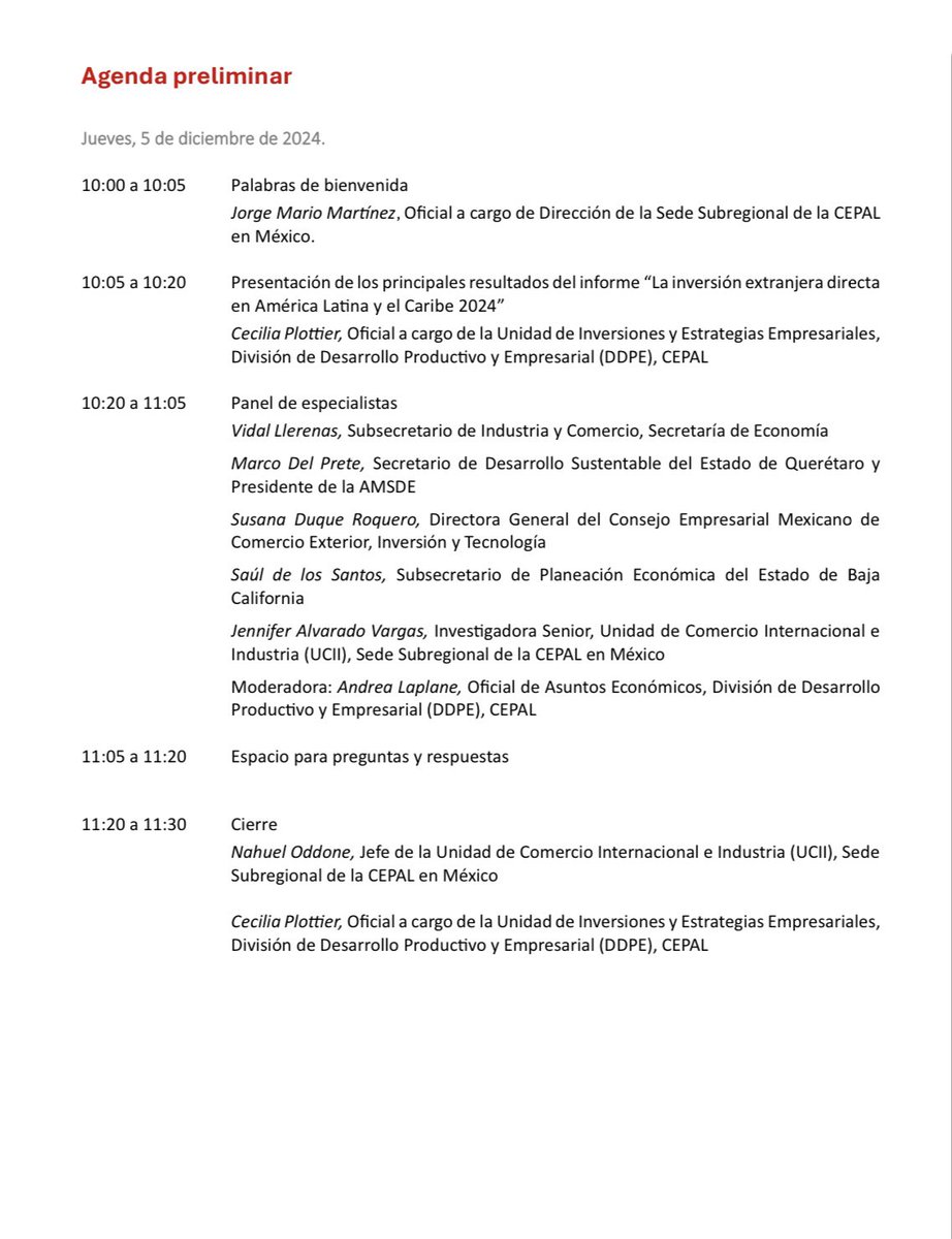 Acompáñanos el 05/12 a las 10 AM en el Webinar “#IED en América Latina y el Caribe 2024: #México en foco" de <a href="/cepal_onu/">CEPAL</a> con la participación de <a href="/SE_mx/">Economía México</a>, <a href="/amsdemex/">AMSDE</a> y <a href="/ComceOficial/">COMCE</a> 

🟥<a href="/JMMartinezPiva/">Jorge Mario Martínez Piva</a>
🟥<a href="/vidallerenas/">vidal llerenas</a>
🟥<a href="/mdelprete/">Marco Del Prete</a>
🟥<a href="/SusanaDuqueR/">Susana Duque</a>
🟥 S. de los Santos