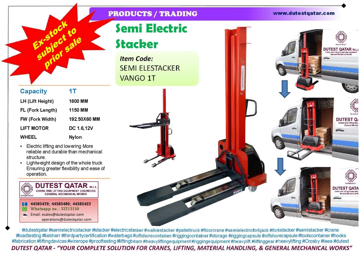 NOW AVAILABLE: Semi Electric Stacker (1T). Item Code: SEMI ELESTACKER VANGO 1T. Call or WhatsApp us at 3371 3150. #dutestqatar #semielectricstacker #stacker #electricstacker #walkiestacker #pallettruck #floorcrane #forkstacker #semistacker #crane dutestqatar.com