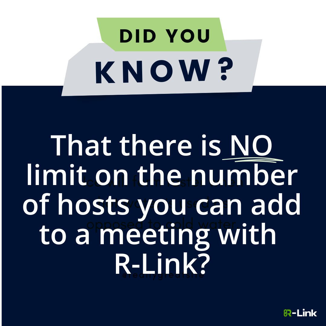 rlinkmeeting's tweet photo. Did you know? ๐ค R-Link lets you add unlimited hosts to your meetings! No caps. No restrictions. Just seamless collaboration. Learn more: https://t.co/6Vag3YACY0
#RLink #VideoConferencing https://t.co/rXw0dqgbqa