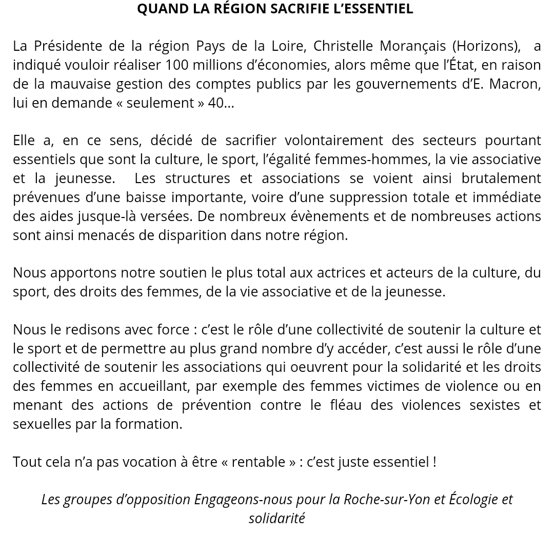 QUAND LA RÉGION SACRIFIE L’ESSENTIEL 
Communiqué des deux groupes d’opposition suite aux annonces de coupes massives dans les subventions régionales pour la culture, le sport, la vie associative, l'égalité femmes-hommes et la jeunesse 👇