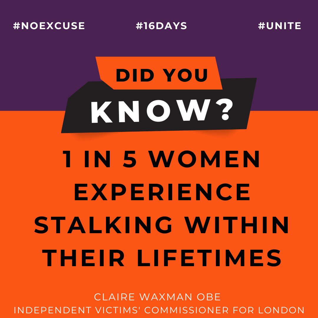 LDNVictimsComm's tweet photo. Stalking is a gendered crime and will affect 1 in 5 women. We know stalking is much more prominent in domestic homicides. We must take stalking seriously. To help spot the signs and get the right advice and support call @TalkingStalking #16Days #NoExcuse https://t.co/uJYelrLiOq