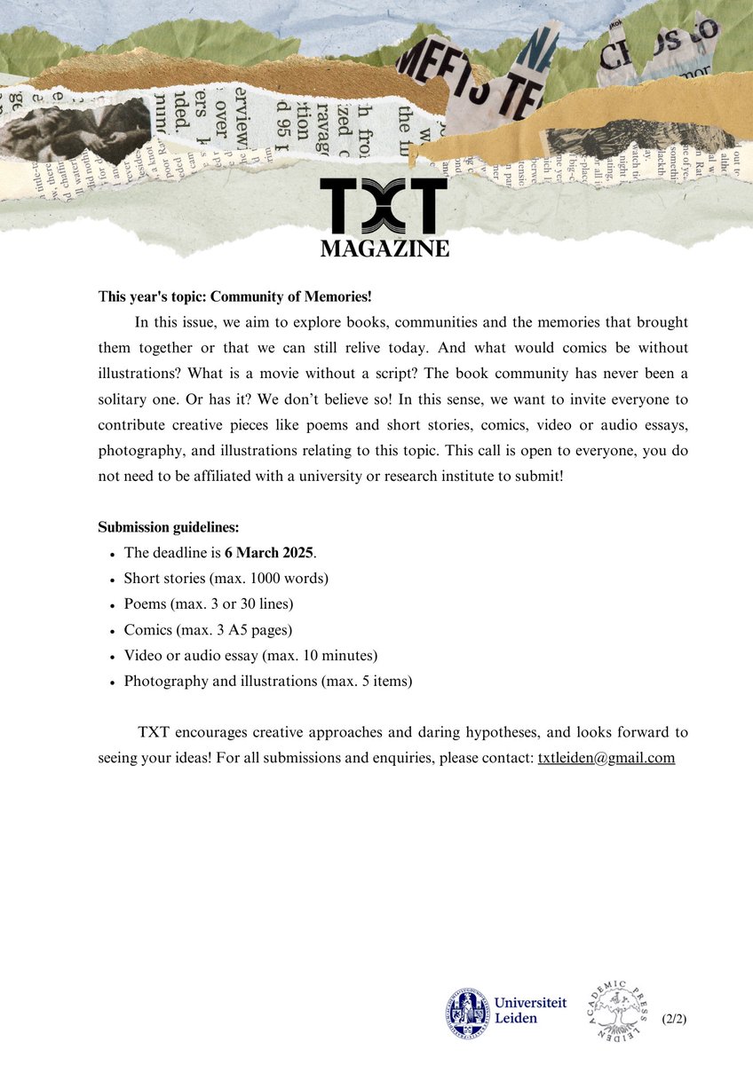 TXTMagazine's tweet image. 🎨Call for Creatives!

more info and submissions at txtleiden@gmail.com

#communityofmemories
#CFC