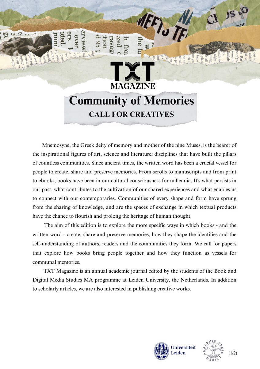 TXTMagazine's tweet image. 🎨Call for Creatives!

more info and submissions at txtleiden@gmail.com

#communityofmemories
#CFC