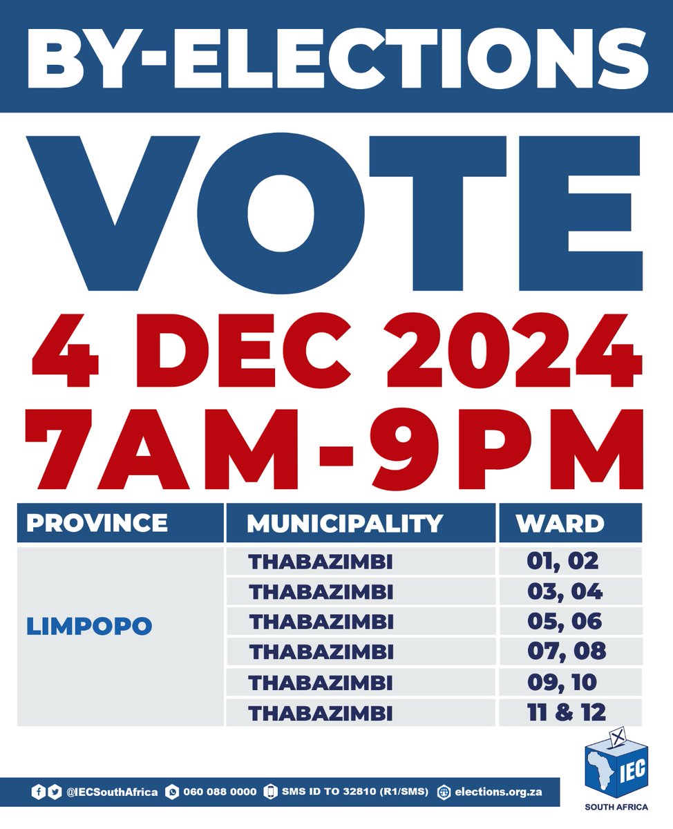 IECSouthAfrica's tweet photo. 📢 Attention Thabazimbi Residents!

The dissolution of the Thabazimbi Municipality has left all leadership positions vacant, making the upcoming by-election on 4 December 2024 a critical event for your community. Your participation is key to shaping the future of Thabazimbi—don��t miss the chance to have your voice heard! Mark the date and make your vote count! 

#Thabazimbi2024 #Vote #YourVoteCounts
