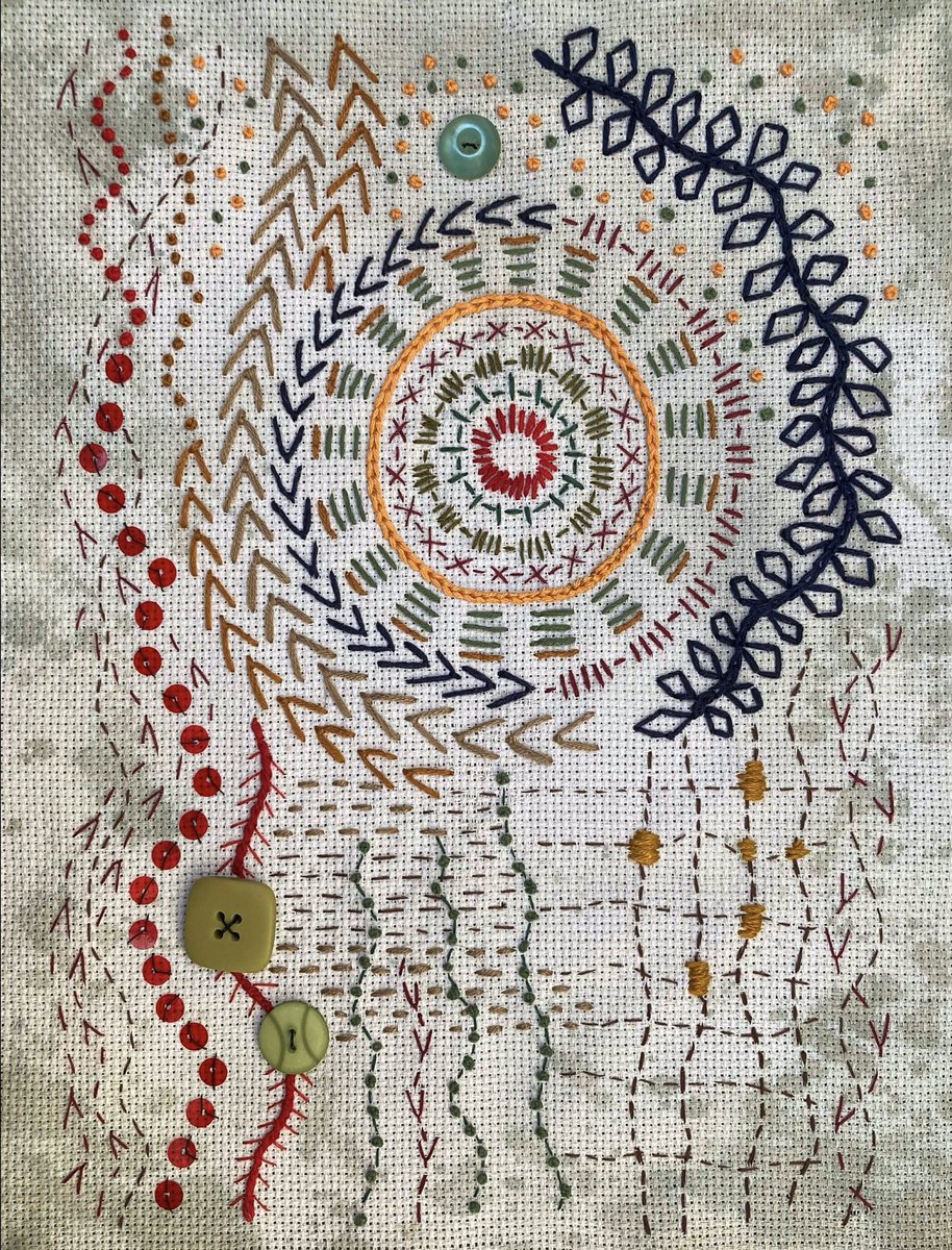 JoannaHartist's tweet image. Embroidered collage on blue/grey paint-splashed linen. 

poisonooak.etsy.com/listing/183376…

 #simpleembroidery #handstitching #paintedfabric #crossstitchlinen #slowstitching #textileart #fibreart #stitchtherapy #abstractart #flystitch #embroideryart #frenchknots #embellishments