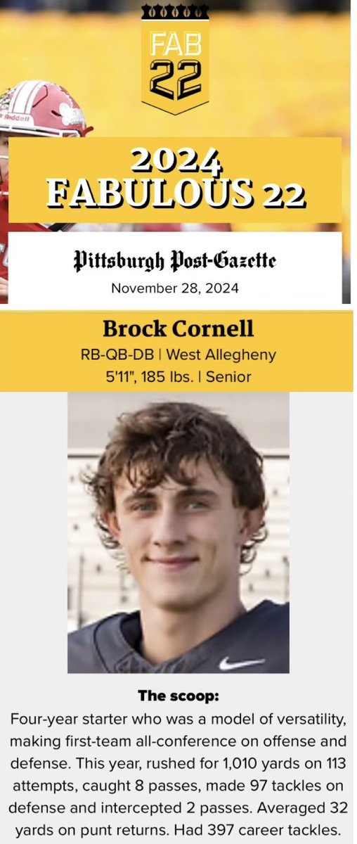 After over 30 years of waking up on Thanksgiving morning to see who made the Fab 22—one of the most prestigious lists of exceptional football players—it's truly special to see your kid make the top 22 players in the WPIAL/City League. Congratulations, Brock! You’ve earned it!