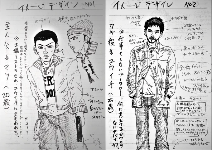 25年前ネームが全く通らずの時期、担当は面白がってくれたが、編集長に「過激すぎて載せれない」と反対されボツになった過激で治安悪い作品😅💦
その後、真逆のボクシングものでデビューさせて頂く。
古いので当時の言葉や表現、絵の下手はご勘弁下さい🙏
①～③キャラ設定
④ネームのダイジェスト 