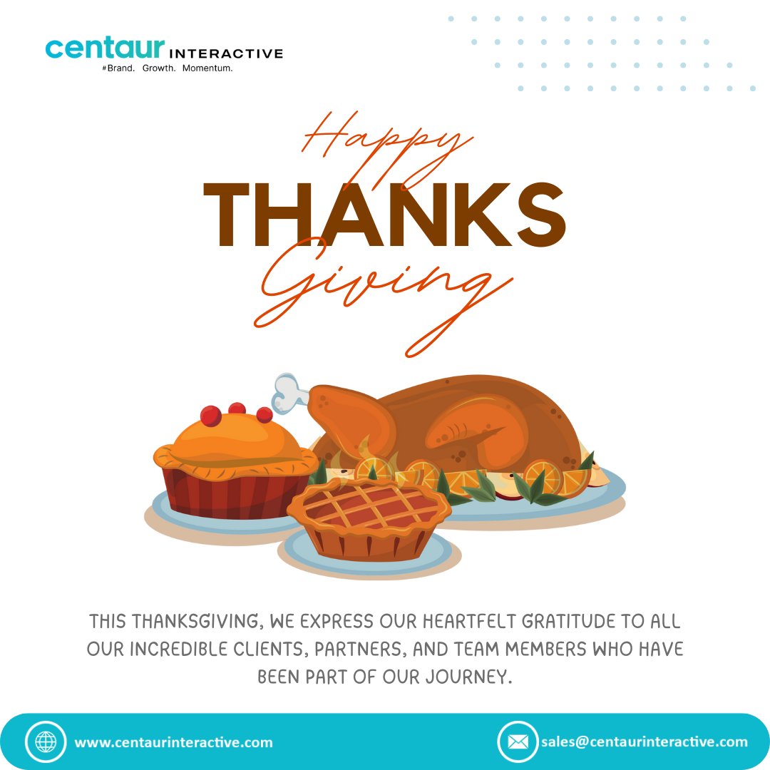 CentaurIntractv's tweet photo. 🦃 Happy Thanksgiving! 🍁 At Centaur Interactive, we are grateful for your continued support and partnership. May your day be filled with joy, gratitude, and wonderful moments with loved ones.
Website: https://t.co/j3DRjG0DhE https://t.co/grrA122nB0