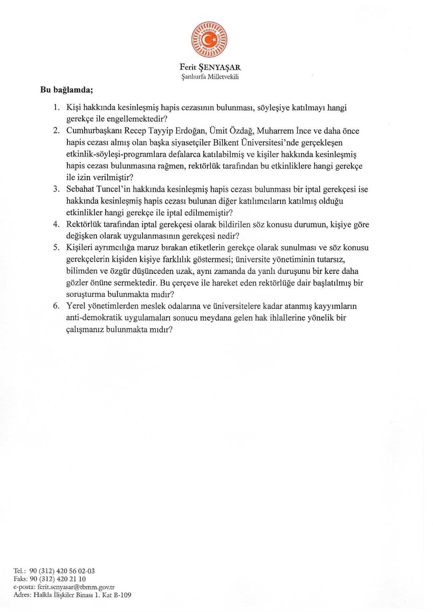 FeritSeny's tweet photo. Üniversitelerin kayyımları olan atanmış rektörler, tıpkı yerel yönetimlere atanan kayyımlar gibi hukuksuz ve keyfi tutumlarını sürdürüyorlar. Bilkent Üniversitesi rektörü, Sebahat Tuncel’in “kesinleşmiş hapis cezası” bulunduğu gerekçesi ile 3 Aralık’ta katılacağı söyleşiyi iptal etmiştir. Üniversiteler, özgür düşüncenin yeşerdiği alanlar olmalıdır. 
Konuyu Cumhurbaşkanı Yardımcısı Cevdet Yılmaz’a sorduk.