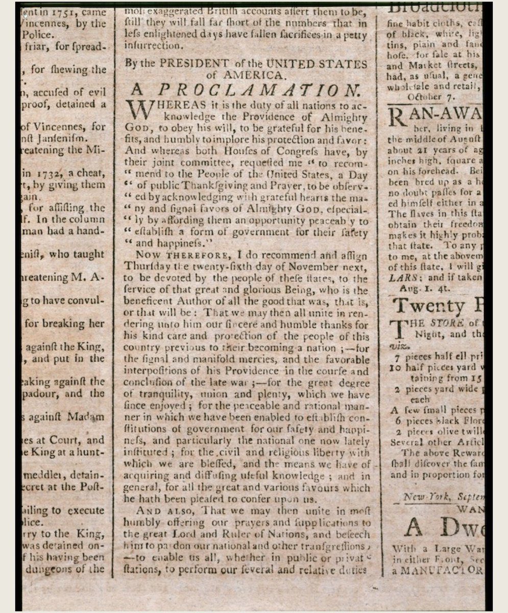 Happy Thanksgiving everyone. An important point about today that many may not know.
“Washington issued a proclamation on October 3, 1789, designating Thursday, November 26, the 4th Thursday of November, as a national day of thanks. In his proclamation, Washington declared that