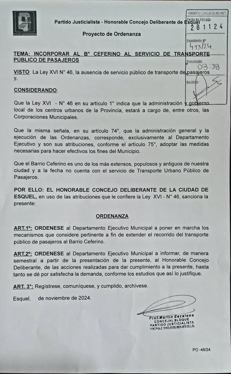 Proyecto #48/24: Ampliación recorrido de colectivos al Ceferino. 

✅️ Propone que <a href="/MuniEsquel/">Municipalidad de Esquel</a> extienda recorrido al barrio, inexistente hoy día, incluso en invierno. 
✅️ El proyecto permite al DEM ampliar recorridos y frecuencia, informando al HCD las gestiones.