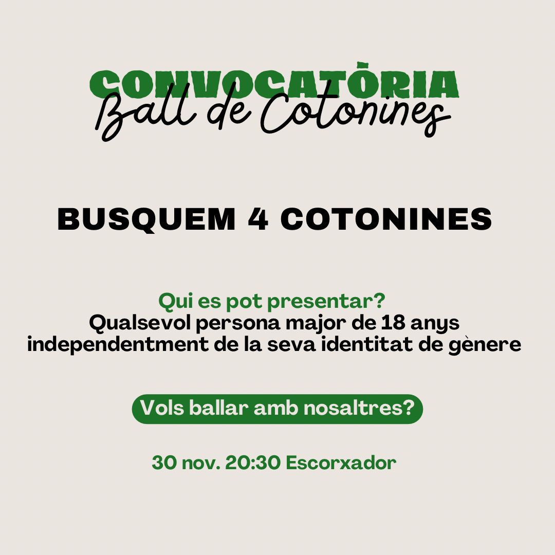 🆕Divendres 29 i dissabte 30 de novembre hi ha convocatòries obertes per entrar a formar part dels <a href="/BallCotoninesVP/">Cotonines de Vilafranca</a>, Ball de Nans i <a href="/SerrallongaVila/">Ball den Serrallonga</a>
 
🎵Si vols participar activament a la <a href="/fmvilafranca/">Festa Major de Vilafranca</a>, presenta-'hi!

#Vilafranca #capitaldelvi