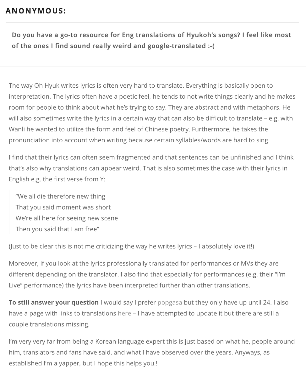 Q: Do you have a go-to resource for Eng translations of Hyukoh’s songs? I  feel like most of the ones I find sound really weird and  google-translated :-(

A: The way Oh Hyuk writes lyrics is often very hard to translate.  Everything is basically open ...

bandhyukoh.tumblr.com/post/768407173…