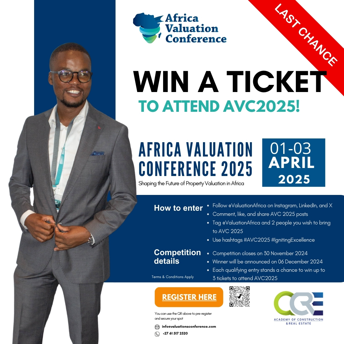 oneacre__'s tweet image. LAST CHANCE!! Secure a FREE TICKET to attend the 3rd Annual Africa Valuation Conference.
Date: 1st - 3rd April 2025
Location: Sandton, South Africa.

Competition closes in 2 days!

Follow @ValuationAfrica account on X and Instagram. 

Ts and Cs apply.

#AVC2025
#IgniteExcellence