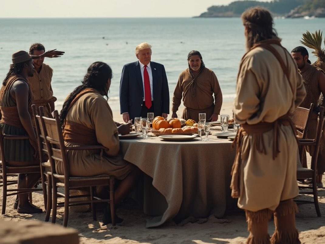 EricLDaugh's tweet photo. @realDonaldTrump Shame on the media for not reporting on Trump’s historic Thanksgiving feast with the Native Americans in 1621. https://t.co/JnUrsGtdjB
