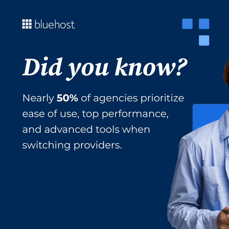 bluehost's tweet photo. Looking for advanced solutions that deliver impactful results? Bluehost Agency Hosting and Partner Program offers advanced #WordPress features, optimized performance, and ease of use for your clients.

Elevate your agency's success today!

#BluehostAgencyProgram #WebHosting