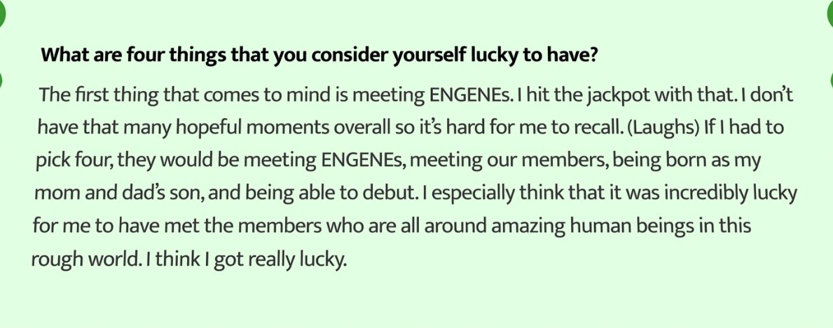 EN7ernally's tweet photo. 4 things that jay consider he’s lucky to have 🍀

1.  meeting ENGENEs
2. meeting his members
3. being born as his mom and dad’s son
4. being able to debut

🐈‍⬛ i especially think that it was incredibly lucky for me to have met the members who are all around amazing human beings in this rough world. i think i got really lucky.

i’m crying 😭