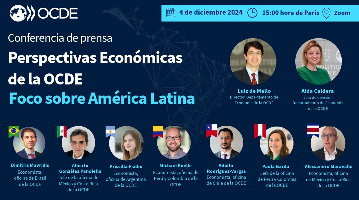 OECDeconomy's tweet photo. 🌎Descubra las #PerspectivasEconómicas de la #OCDE para #AmericaLatina.

Analizaremos nuestras últimas proyecciones económicas para la región.

📅4 de diciembre, 15:00-16:00 (hora de Paris)

▶️Regístrese aquí: https://t.co/7KVsNdW3ml

El Webinar será en español. https://t.co/dh5KvP6F7R