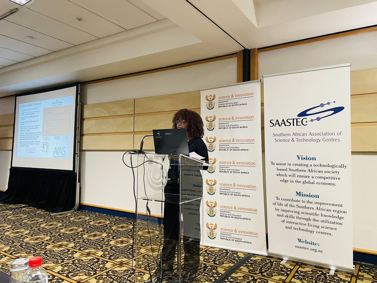 AfricaAstronomy's tweet photo. Nombali Qodi, our Research, Development, and Membership Officer, is proudly representing us at the #SAASTEC24 Conference, where she presented on the theme ‘From Dark Skies to Bright Futures,’ showcasing the impactful work and contributions of AfAS in the field of astronomy! https://t.co/Sg5mpf6eHi