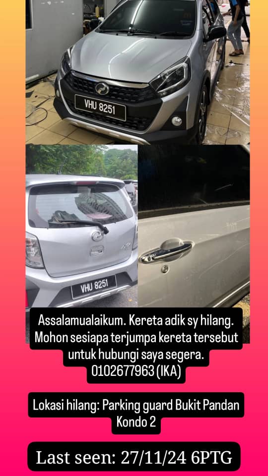 ikazetrisya's tweet photo. Salam semua. Kereta adik sy hilang. Mohon kuasa viral semua yg ada. Report semua dah buat. Bukan kes tarik sbb xpernah tak bayar. And bukan jugak kes salah parking kena towing mpaj or dbkl. 100% kes curi / hilang. https://t.co/kbKioDTRDS