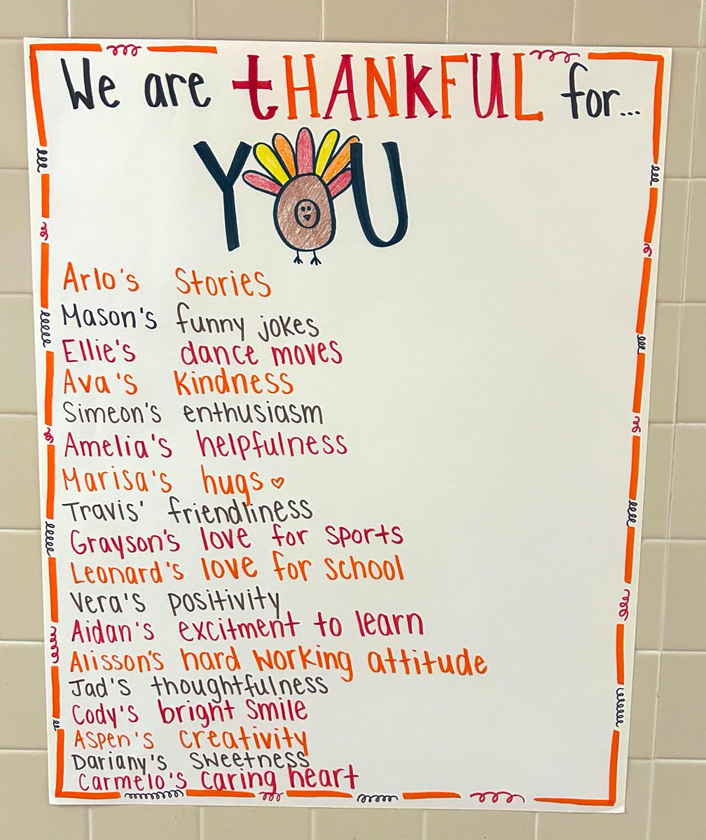 Happy Thanksgiving from Room 104! We are SO thankful for our amazing students! Yesterday, we took some time to express our gratitude to them!🧡❤️💛🤎 <a href="/RobertHunterES/">Robert Hunter</a> <a href="/FlemRarSchools/">FlemRarSchools</a>