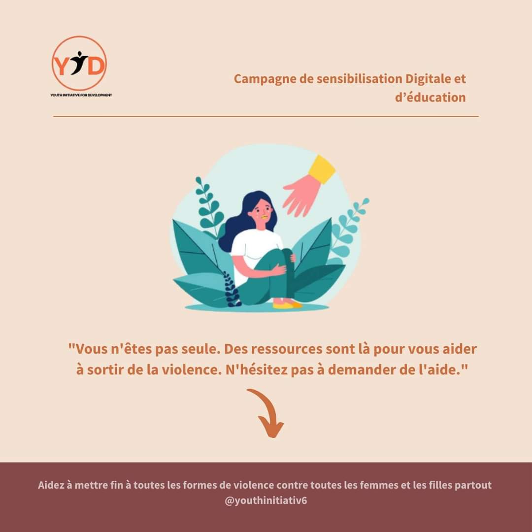 YouthInitiativ6's tweet photo. Vous n'êtes pas seule. Des ressources sont là pour vous aider à sortir de la violence. N'hésitez pas à demander de l'aide."
Partagez et suivez-nous pour dire STOP AUX VIOLENCES CONTRE LES FEMMES
#YouID #nonviolence #YID #violencesauxfemmes https://t.co/ki5rvMOsO3
