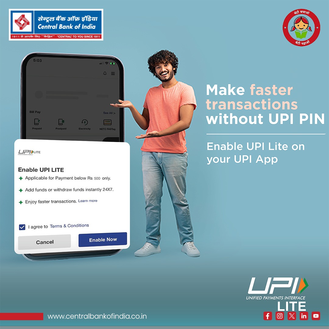 centralbank_in's tweet image. Say goodbye to PIN hassles! Activate UPI Lite in your app and experience instant, hassle-free transactions with Cent UPI.

#UPILite #CentralToYouSince1911 #CentralBankOfIndia